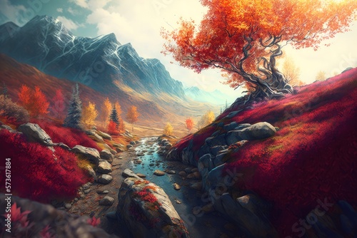 Natural autumn fall colorful tree background. Reflection nature forest mountain lake landscape Generative AI