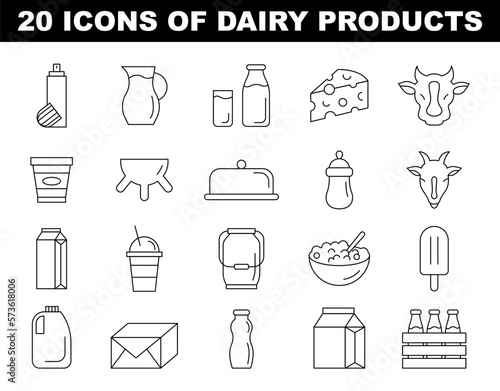 Black and white outline dairy products icons. Simple cow and goat milk