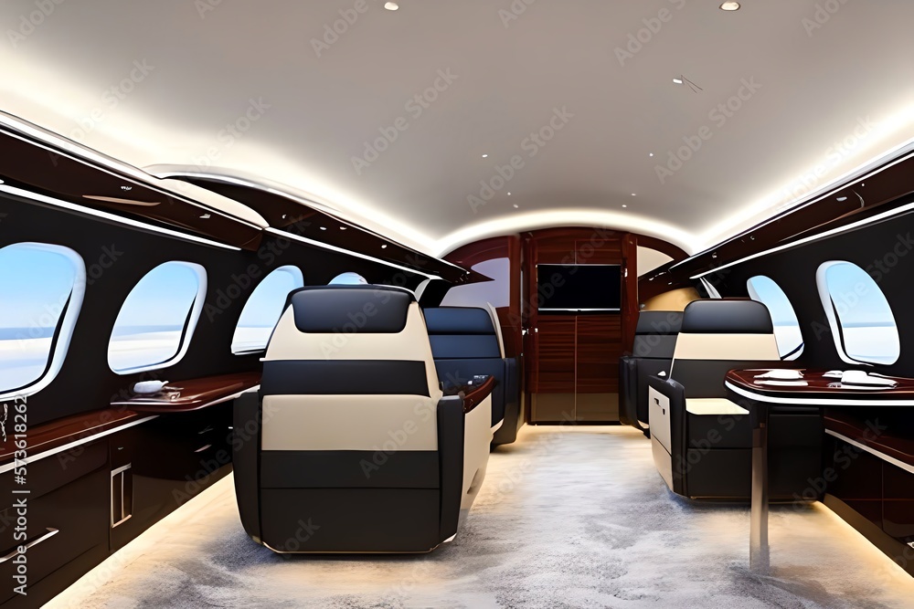 Fototapeta premium Interior Of Luxurious Private Jet With Leather Seats. Generative AI