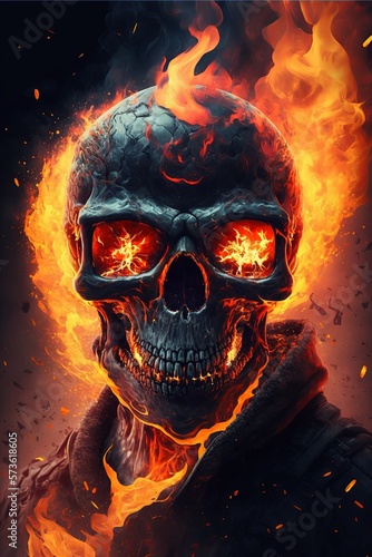 Portrait of smiling skull in fire. Concept of chaos, dead and burning in hell. Generative AI.