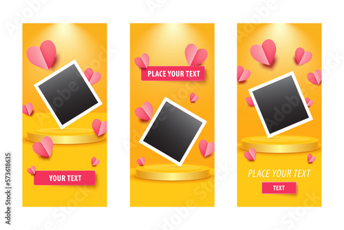 New sale banner design templates  with orange background. Insta story banners set. Circle 3d vector podium.  3 winner pedestals. Yellow backdrop with spot light. Vintage photo frames. Romantic hearts.