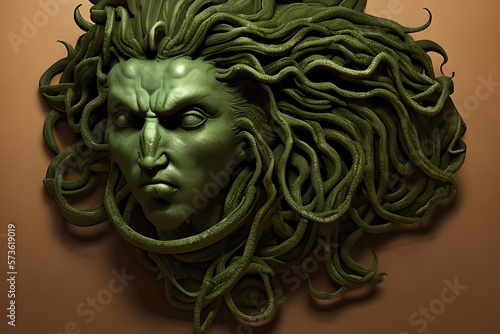 The Classic Depiction Of The Head Of The Gorgon Medusa From Ancient Mythology. A Gloomy Awesome Look Horror Fright. Technology. Generative AI