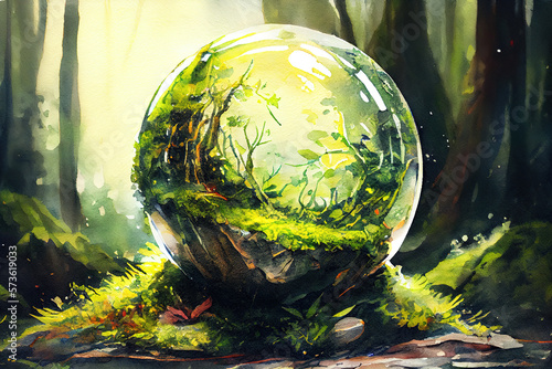 crystal globe on moss in a forest - environment concept, watercolor oil painting effect. Generative Ai