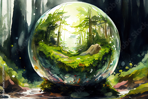 Globe glass on grass with sunshine environment concept. Generative Ai