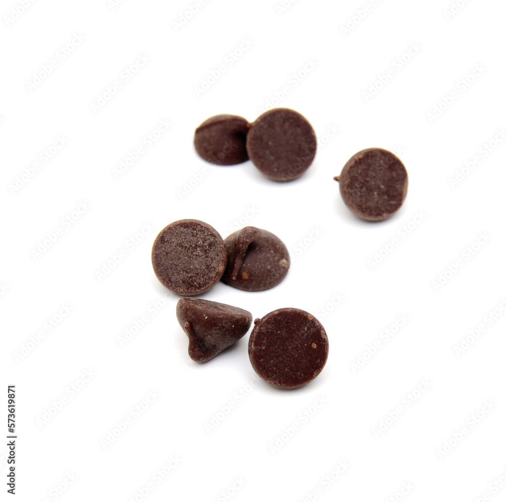 Close up pile of chocolate morsels on white background Close up pile of chocolate morsels on white background