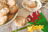Celebration St Davids day Wales with dflgs vintage tea with home made welsh cakes