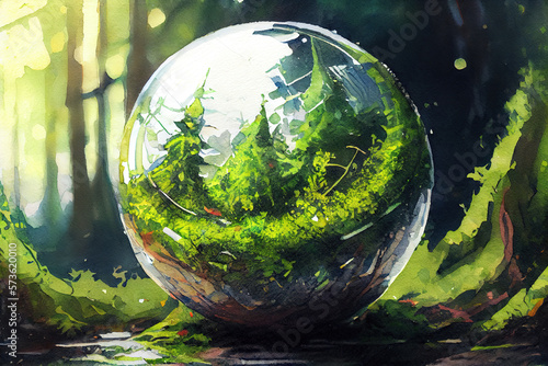 Globe On Moss In Forest - Environmental Concept, watercolor oil painting effect. Generative Ai