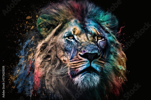 Portrait face of an Lion with colors paints in face  isolated on black  generative AI