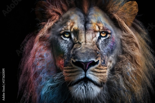 Portrait face of an Lion with colors paints in face  isolated on black  generative AI