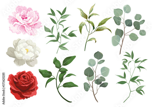 Vector set floral bouquet design garden flower rose, peony. Natural branches, green leaves, herbs. Vector elegant cute rustic greeting, Invitation, wedding, communion, postcard 