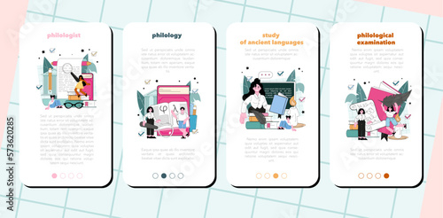 Philologist mobile application banner set. Scientific study of language