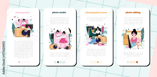 Photography course mobile application banner set. Photographer
