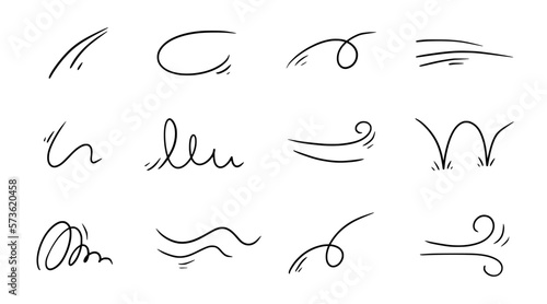 Wind doodle line shape set. Air wind flow, spiral, curve hand drawn doodle element. Cartoon speed, wave, splash drawing design. Vector illustration.