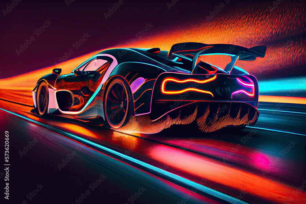 Speeding Sports Car On Neon Highway. Powerful acceleration of a supercar on a night track