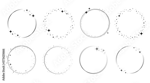 Circle star border frame set. Sparkle circle frame. Wreath round stardust border for party, birthday decor design. Laurel frame with cosmic glitter shine. Vector illustration.