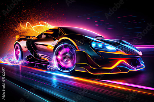 Speeding Sports Car On Neon Highway. Powerful acceleration of a supercar on a night track © rufous