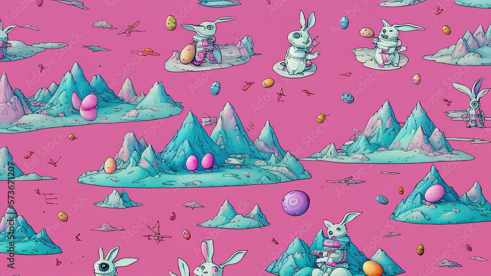 Digital illustration, a surrealist pink tone robot bunny in astronaut suit, lovely eggs easter mood futuristic punks, generated by AI.