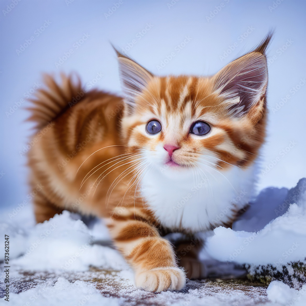A cute little striped fluffy kitten walks in the snow, AI generated image