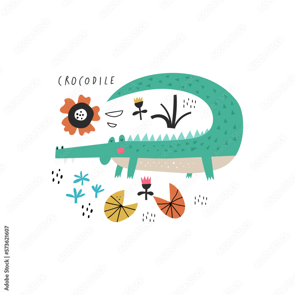 Childish cartoon crocodile character on white background. Childish cartoon crocodile character on white background.
