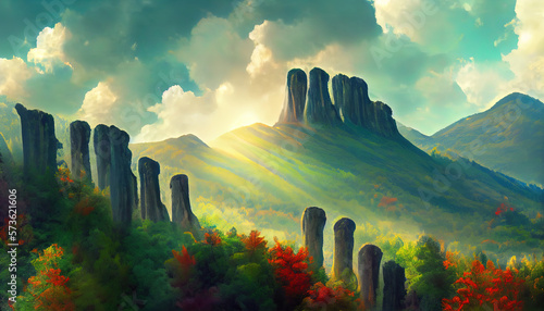 Trees Near The Mountains Waterfall Stones, the sun is shining clouds, Detailed, colored. Generative Ai