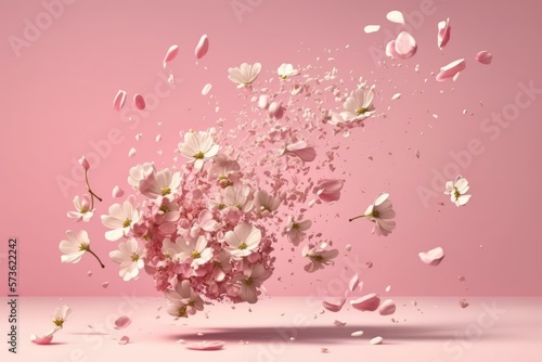 Pink flowers falling in the air on pink background. AI © Michael