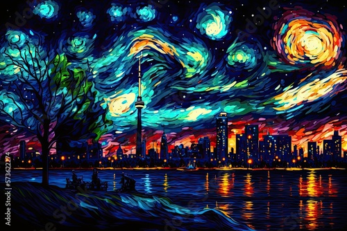 Painting Toronto, Van Gogh style night landscape, colorful background, AI