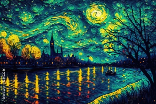 Painting digital art. Ottawa galaxy night landscape. 3d colorful background, van gogh style, AI