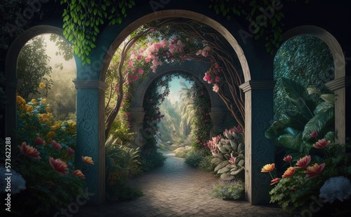 Tableau sur toile Magical garden with archway filled with blooming flowers - Generative Ai