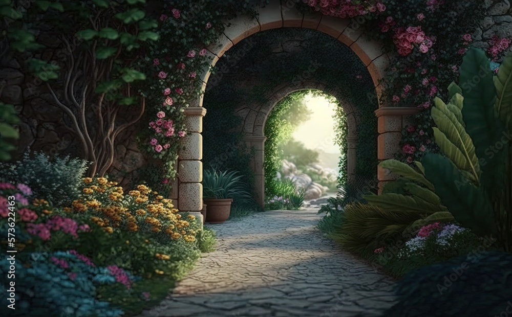 Fototapeta premium Magical garden with archway filled with blooming flowers - Generative Ai