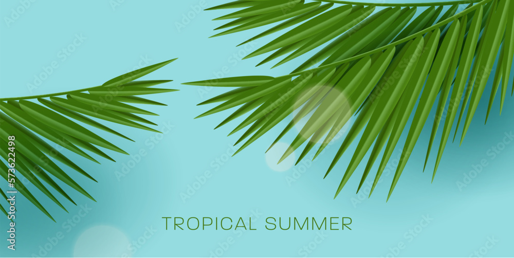 Tropical palm leaves on bright blue backdrop with sup flare rays, summer vacation background