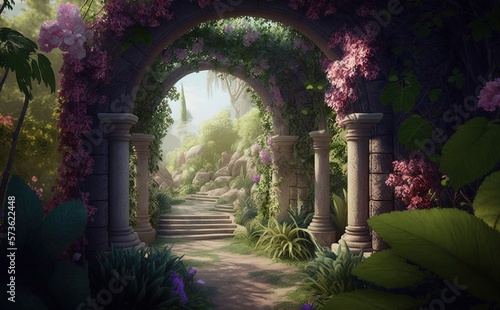 Fotografija Magical garden with archway filled with blooming flowers - Generative Ai