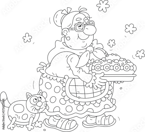 Funny granny with her plump cat baked a traditional sweet jam tart for a festive table and a merry tea party, black and white outline vector cartoon illustration for a coloring book