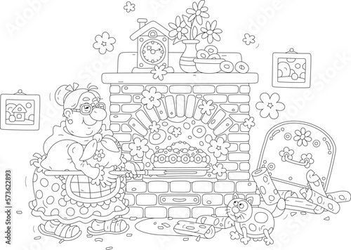 Funny granny carrying chopped firewood for a cheerful bright fire burning in a bricky fireplace in her village house decorated with pictures  black and white vector cartoon for a coloring book