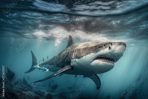 Great white shark in shallow waters, AI
