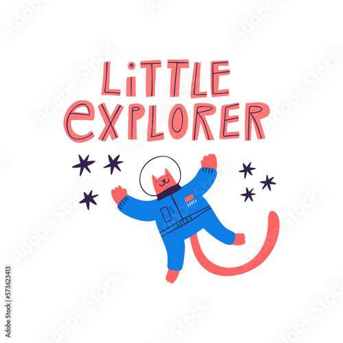 Little Explorer hand drawn text, cute cat astronaut in outer space