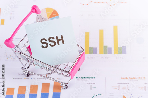 SSH text on paper in shopping trolley on chart background. Business