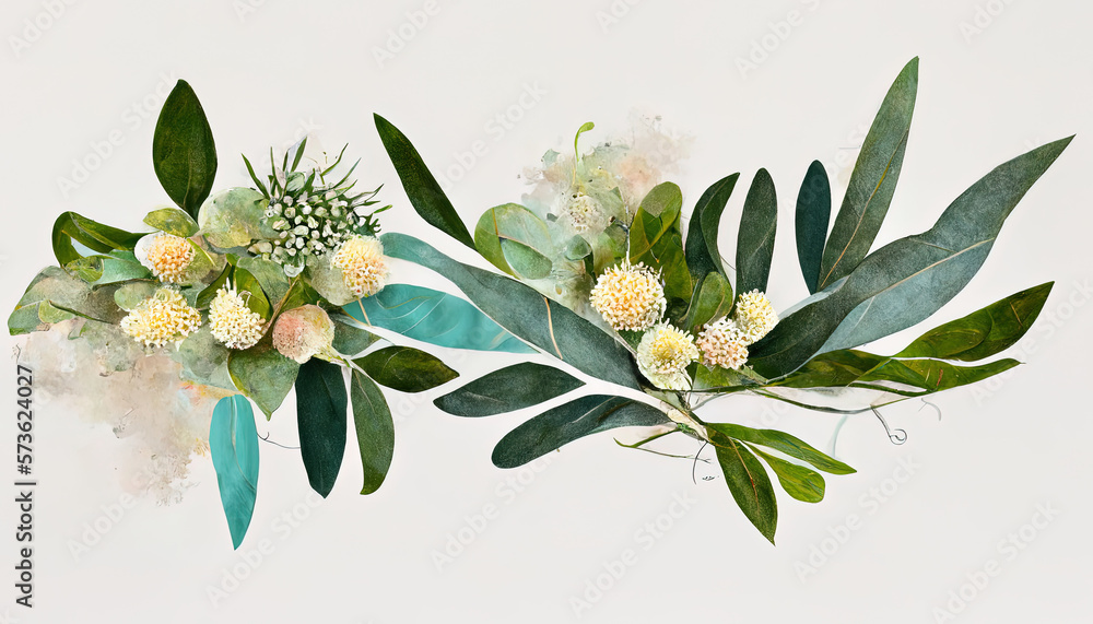 Fototapeta premium Watercolor eucalyptus flower arrangement, Greenery branches and jasmine flowers clipart. Generative Ai