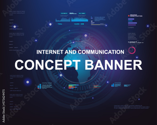 Internet concept banner. World Internet technologies and communications. Futuristic background with earth interface diagrams. Global world Internet network of new generation