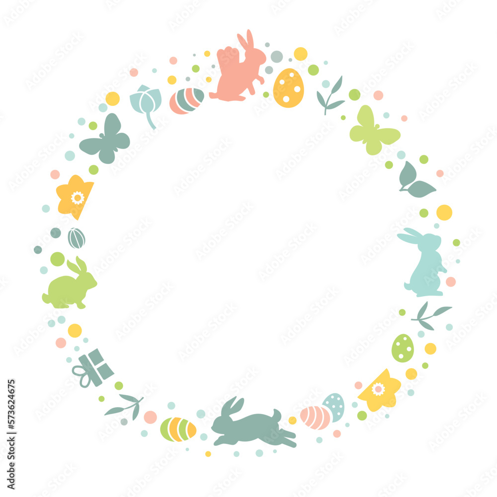Easter decoration - Vector illustration with white silhouettes of bunnies, butterflies, Easter eggs and flowers pastel-colored Easter decoration - Vector illustration with white silhouettes of bunnies, butterflies, Easter eggs and flowers pastel-colored