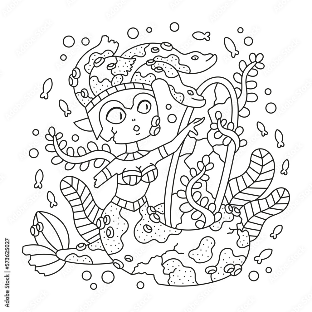 Cute little medusa gorgon as statue. Mythology creature with mirror. Snake girl monster underwater. Greek fairy tale. Fantasy coloring page for kids. Cartoon vector illustration. Isolated on white
