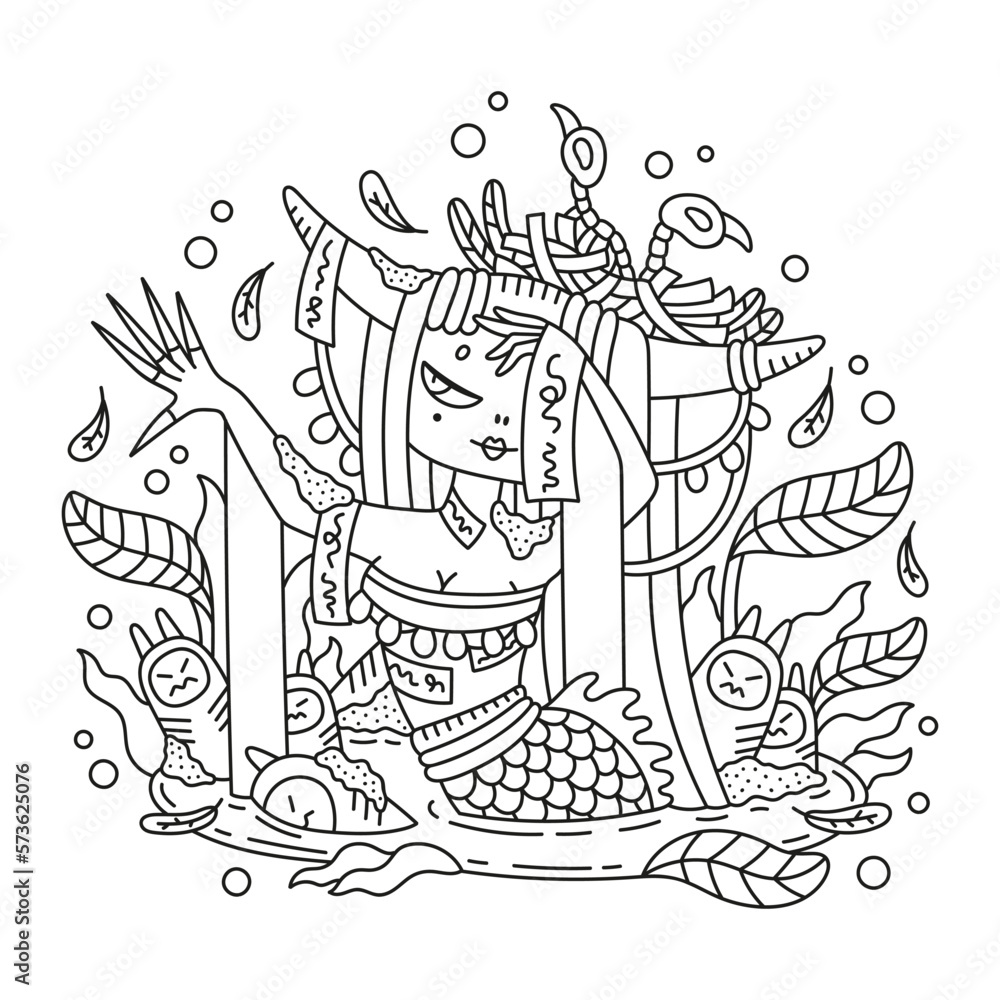 Fototapeta premium Beautiful devil girl with bird nest on head. Pretty demon woman creature. Water, statue, skeleton of bird, feathers. Mysterious fantasy illustration. Coloring page for kids and adults. Cartoon. Vector