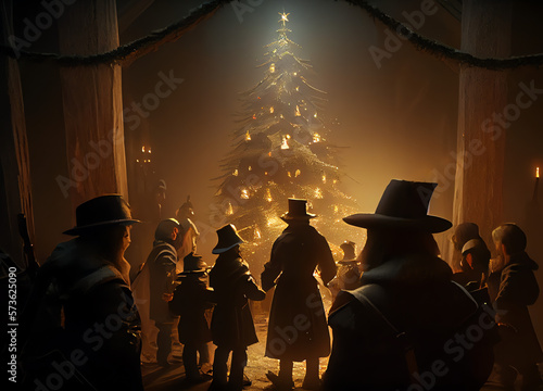 pilgrims gathering around a candlelit Christmas tree, generative ai