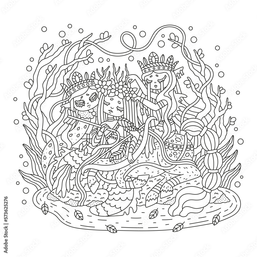 Two mermaids and centaur. Cute sea princess. Fish girl and horse boy. Fairy tale creature. Fantasy adventure. Beautiful detailed coloring page. Cartoon vector illustration. Oulined artwork. Isolated