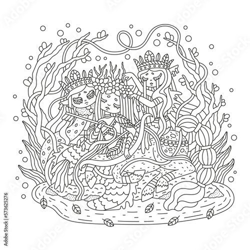Two mermaids and centaur. Cute sea princess. Fish girl and horse boy. Fairy tale creature. Fantasy adventure. Beautiful detailed coloring page. Cartoon vector illustration. Oulined artwork. Isolated