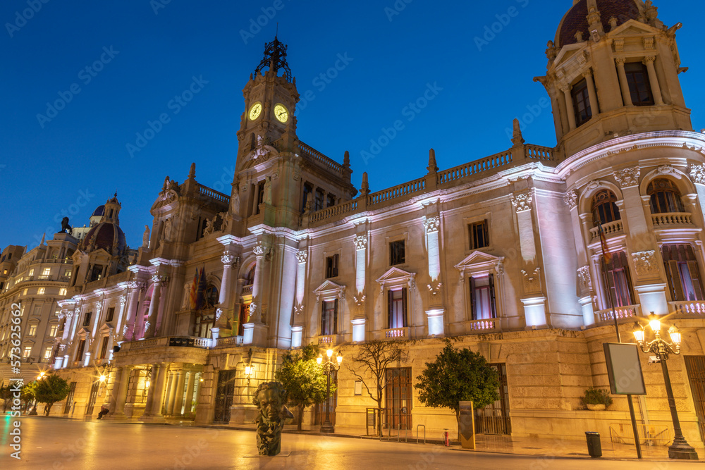 Valencia - The builiding Ayuntamiento de Valencia at dusk.