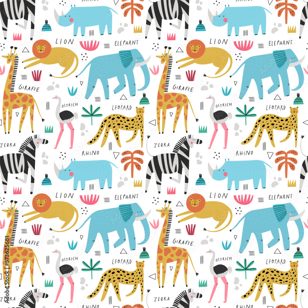 Hand drawn safari seamless pattern with wild africa animals and their names