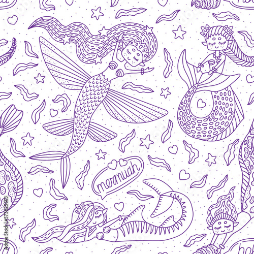 Fototapeta Naklejka Na Ścianę i Meble -  Cute mermaids. Nautical wallpaper for kid's room. Nautical illustration. Vector seamless pattern.