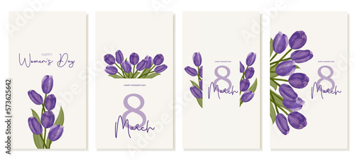 Set of vertical banners for International Women's Day with purple watercolor tulips for social media. Vector #573625642