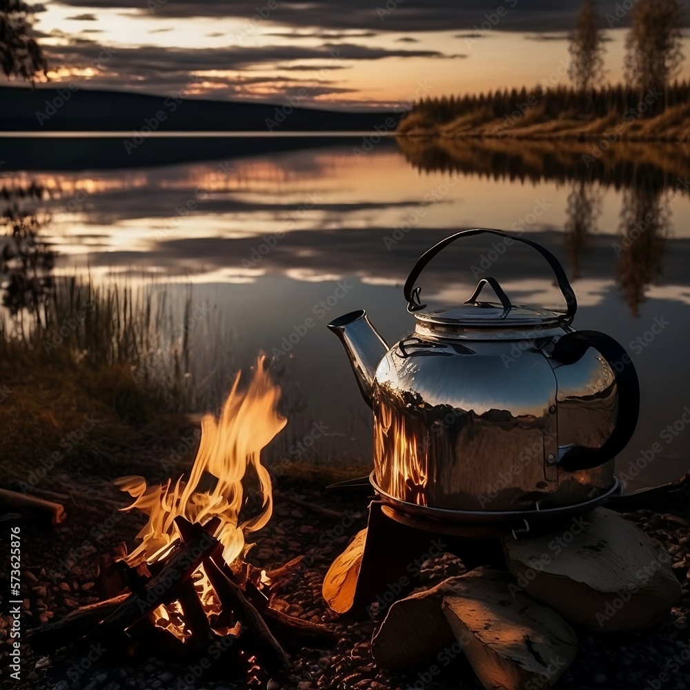 Outdoor Adventure with a Scenic Lake and Kettle on the Fire, Generative AI Outdoor Adventure with a Scenic Lake and Kettle on the Fire, Generative AI