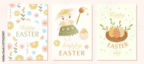 Easter greeting card set with cute bunny character, colored egg, spring flowers, green leaves. Good for Spring and Easter greeting cards, posters, children's design and banners. Vector illustration